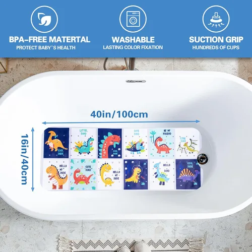 Vista 2 de Alfombra de baño para niños con diseño temático de océano, 40 x 16 pulgadas, antideslizante con 200 ventosas, patrón de animales marinos de dibujos