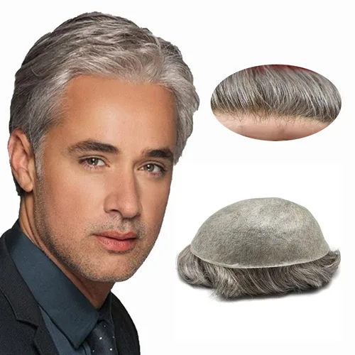 Vista 24 de Cabello humano para hombres, tupé, piezas de cabello humano europeo, todas las piezas de cabello con bucle en V, 0.002 in, piel fina, sistemas