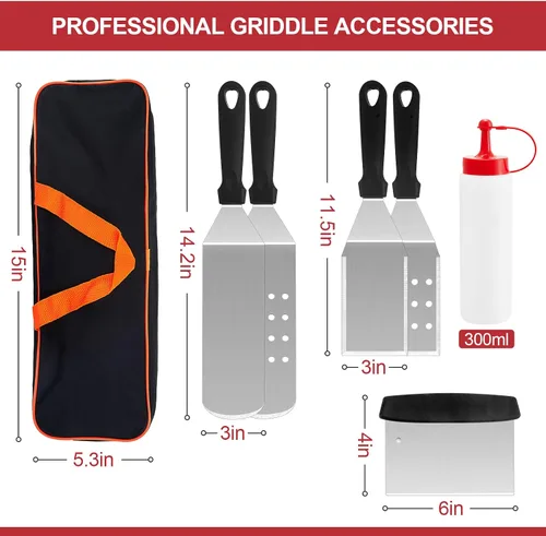 Vista 2 de HaSteeL Kit de 8 accesorios para plancha, espátula de metal resistente, herramientas profesionales de plancha de acero inoxidable con bolsa