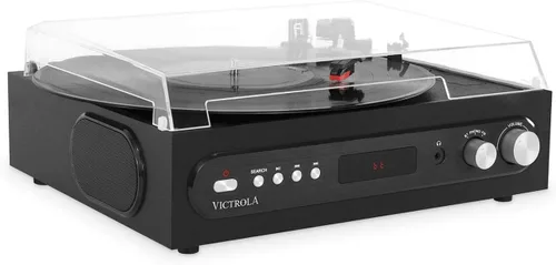 Vista 2 de Victrola Tocadiscos 3 en 1 – Reproductor de discos Bluetooth de 3 velocidades (33 1/3, 45, 78 RPM) con radio FM y altavoces estéreo incorporados