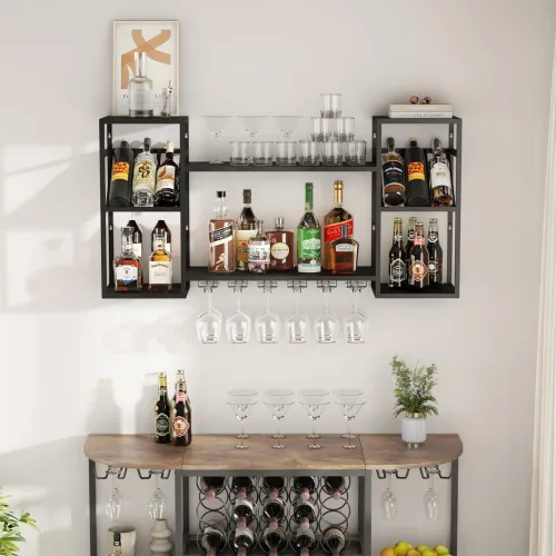 Vista 9 de KaKaBB Estante de vino montado en la pared, estantes de metal de 47 pulgadas de 2 niveles con soporte para vidrio, capacidad para 30 botellas y de 6