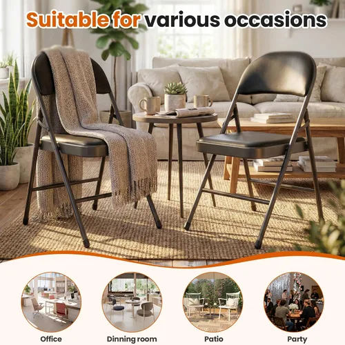 Vista 6 de Paquete de 4 sillas plegables negras, sillas plegables acolchadas con asiento y respaldo de piel sintética, sillas plegables de metal portátiles