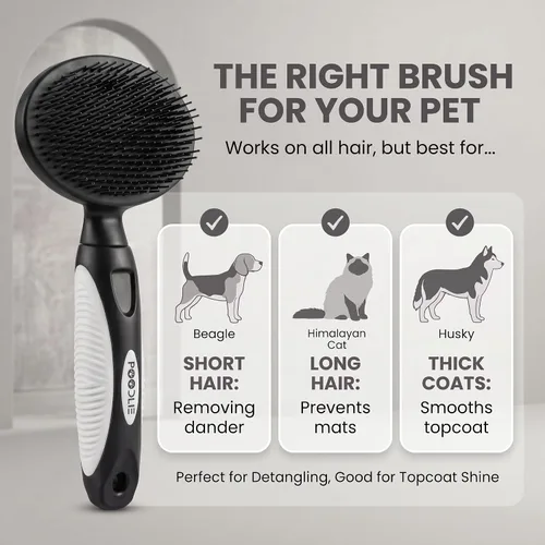 Vista 4 de Cepillo de cerdas redondas para mascotas para perros y gatos, cepillo suave para perros para aseo de pelo corto o largo, herramienta suave para Negro