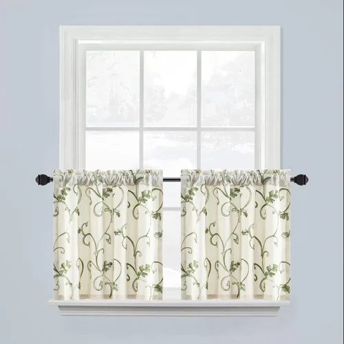 Vista 47 de VOGOL Cortinas de Nivel para Cocina para Ventana, Flores Azules y Enredaderas Bordadas Cortina de 24 Pulgadas de Largo, Cortinas Cortas Tratamiento