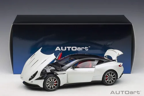 Vista 6 de Autoart Aston Martin DB11 Morning Frost White Metallic con parte superior negra e interior rojo modelo 1/18