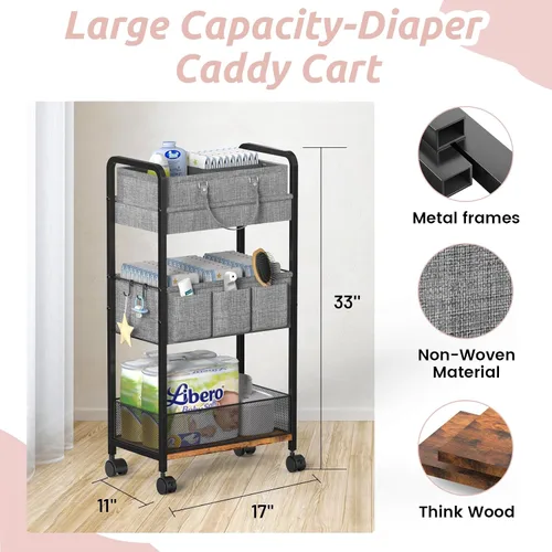 Vista 2 de LIDTOP Carrito de pañales 2 en 1 y carrito de pañales rodante de 3 niveles, carrito organizador de pañales con divisores, carrito móvil de metal