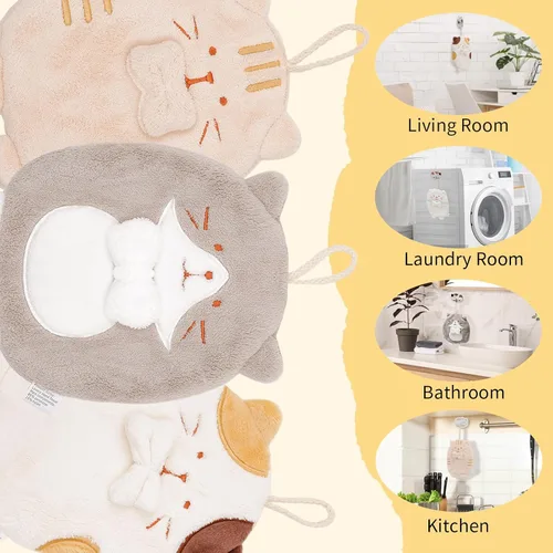 Vista 6 de PRATIQUE Paquete de 3 toallas de mano con diseño de gato, toallas de baño con lazo para colgar, toalla de mano para niños, animales, toalla de mano