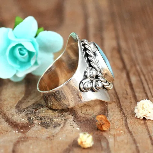 Vista 6 de Boho-Magic Anillo de plata de ley con larimar para mujer, joyería bohemia con piedras preciosas ovaladas