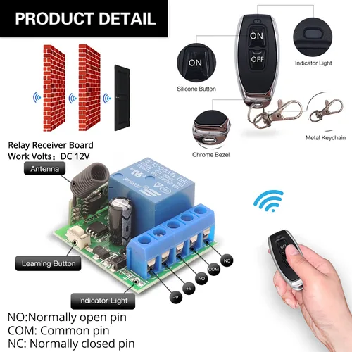 Vista 6 de DieseRC Interruptor de control remoto inalámbrico universal de 433 Mhz CC 12 V 1 CH RF Relé receptor módulo con 1 transmisor, interruptor remoto