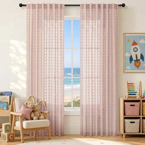 Vista 30 de Cortinas Beige Semitransparentes de 63 Pulgadas de Largo para Dormitorio, Sala de Estar, Guardería Infantil, Ventana con Diseño de Pompón