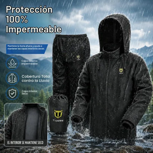 Vista 2 de TIDEWE Traje de lluvia para hombre, impermeable, ligero, de 2 piezas Negro
