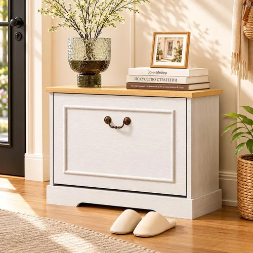 Vista 3 de RASOO Zapatero con cajón abatible para niños, organizador de zapatos de 3 niveles con 2 estantes ajustables, banco oculto para zapatos que ahorra