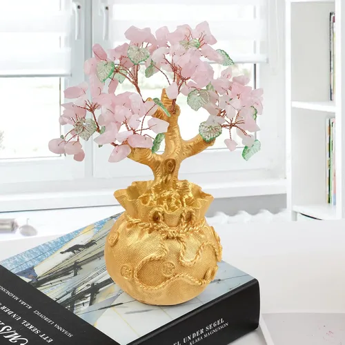Vista 2 de Rockcloud Árbol de dinero de cristal con bolsa de dinero dorada, decoración de gabinete de Feng Shui para riqueza y suerte, adorno de bonsái