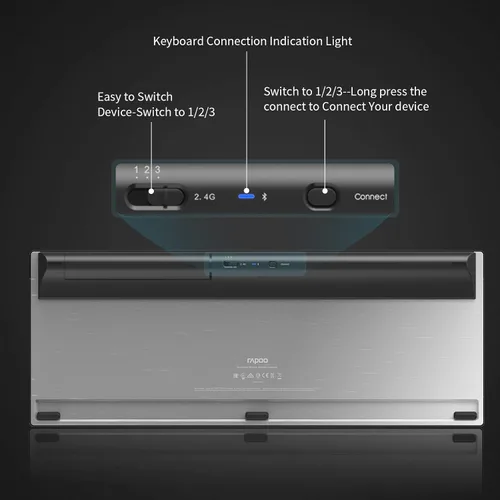 Vista 7 de RAPOO Combo de teclado inalámbrico y mouse láser, multidispositivo (Bluetooth 4.0+3.0+2.4G), teclado de computadora ultra delgado, diseño compacto
