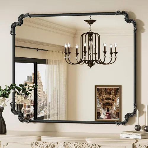 Vista 12 de Espejo rectangular negro barroco vintage para pared, 22 x 30 pulgadas, marco de desplazamiento antiguo, espejo de manto francés para chimenea, baño