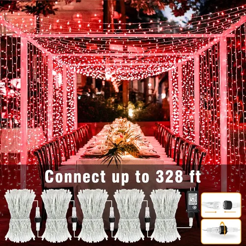 Vista 4 de Tira de 200 luces LED de 66 pies para exteriores, luces de Navidad conectables para interiores, cable transparente, impermeable, 8 modos de luces