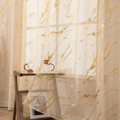 Vista 5 de Cortinas Transparentes Beige con Estampado de Lámina de Mármol Dorado de 63 Pulgadas de Largo para Cuarto de Bebé, Paneles de Ventana con Bolsillo
