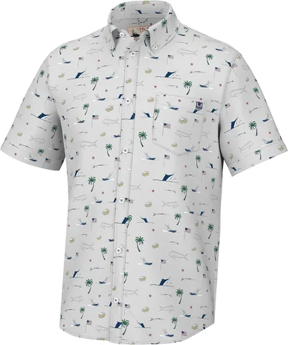 Vista 29 de HUK Camisa Kc Scott estampada Kona, camisa de rendimiento con botones de manga larga para hombre Fish Chaos - Blanco