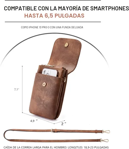 Vista 5 de Bolso bandolera pequeño de piel vegana BOSTANTEN para mujer, con diseño de cartera para celular, con correa ajustable A-01-retro Marrón