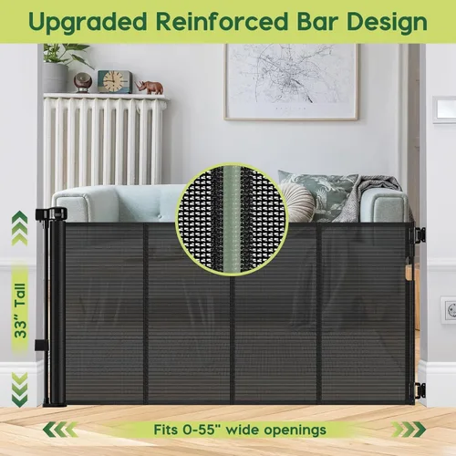 Vista 2 de Puertas retráctiles reforzadas de 33 pulgadas de alto x 55 pulgadas de ancho para puertas, paquete de 2, color negro