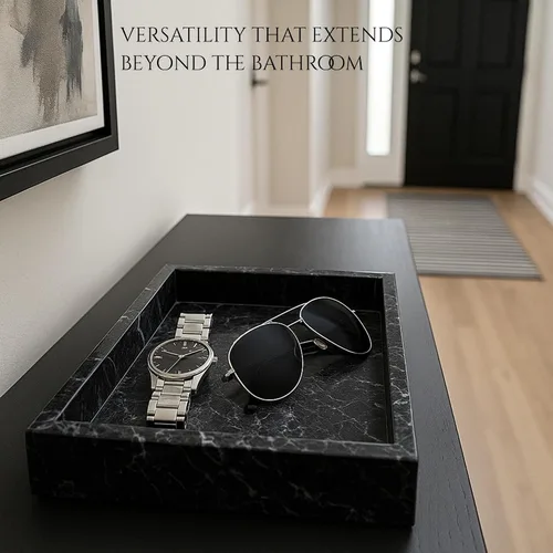 Vista 4 de Bey-Berk Ezra - Bandeja rectangular para toallas de baño con diseño de cebra negra para almacenamiento en encimera