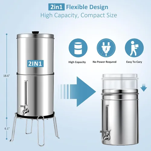 Vista 5 de Sistema de filtro de agua por gravedad de ultrafiltración de 2.25 G, sistema de encimera de acero inoxidable 304 con 2 filtros, grifo de metal