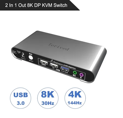 Vista 2 de interruptor KVM automático de 2 puertos DP USB 3.0 para dos computadoras y 1 monitor DisplayPort, 8K@30Hz 4K@144Hz, interruptor con tecla de acceso