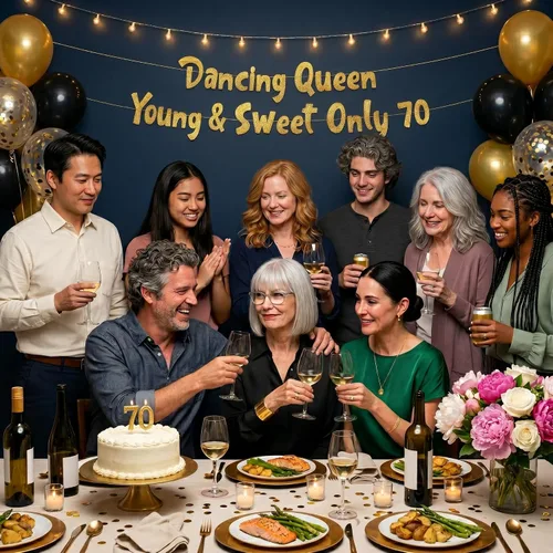 Vista 7 de Cartel con purpurina dorada preencordada con la reina bailarina Young & Sweet Only 70 – Decoraciones de cumpleaños 70 para hombres y mujeres
