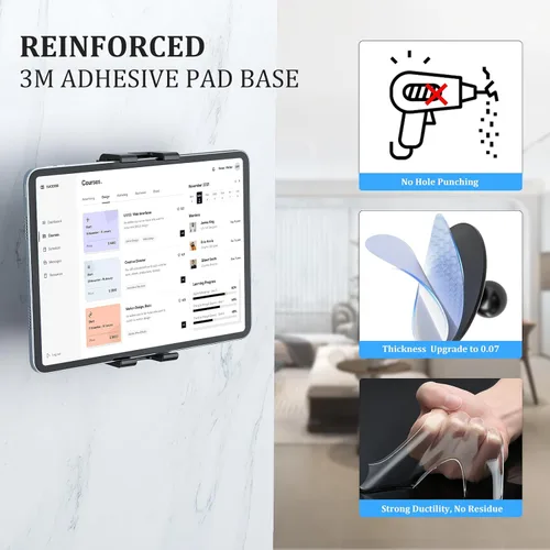 Vista 2 de OHLPRO Soporte de pared para tableta, soporte de pared para iPad con giro ajustable de 360°, soporte adhesivo 3M sin taladrar para cocina, oficina