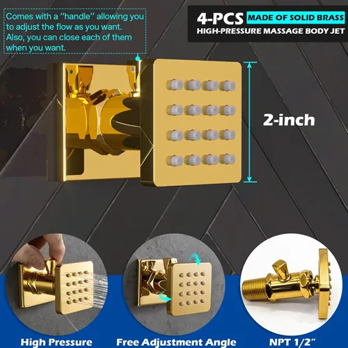 Vista 5 de ENGA Sistema de ducha dorado brillante con chorros corporales, 2 en 1 funciones de montaje en techo, cabezal de ducha LED de 14 x 20 pulgadas con 4