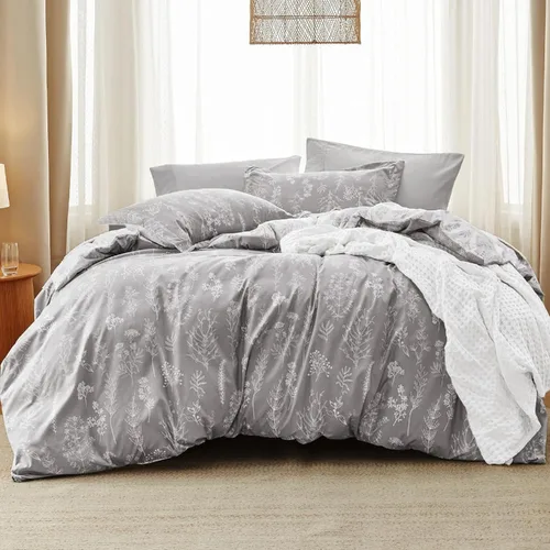 Vista 18 de Bedsure - Juego de edredón floral lindo, juego de ropa de cama tamaño King 04 - Gris claro