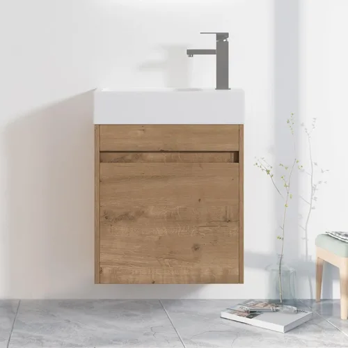 Vista 18 de Tocador de baño flotante de 12 pulgadas con fregadero, tocador de pared de 12 pulgadas, tocador de esquina, con 1 puerta y lavabo de cerámica