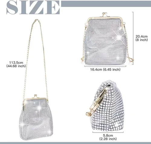 Vista 6 de QLBO Pequeño bolso plateado brillante para mujer, bolso de mano plateado con lentejuelas, bolso de mano plateado con diamantes de imitación