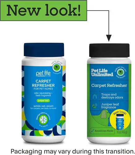 Vista 2 de Pet Life Unlimited Polvo desodorante y refrescante para alfombras, seguro para mascotas, aroma a hoja de enebro a base de plantas, fabricado