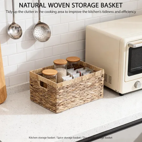 Vista 6 de Caja de cesta tejida de jacinto de agua natural rectangular con asa, Kingwillow. (Pequeño)