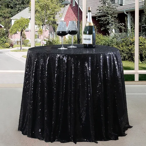 Vista 8 de Manteles redondos de lentejuelas negros para fiestas, de 121,9 cm, mantel redondo de purpurina ajustado, pequeño, lindo y dulce, para boda