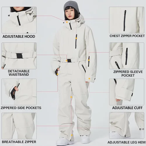 Vista 4 de ALSOGO Traje de esquí de una pieza para mujer, overol impermeable con aislamiento para nieve, con cinturón desmontable para deportes de nieve