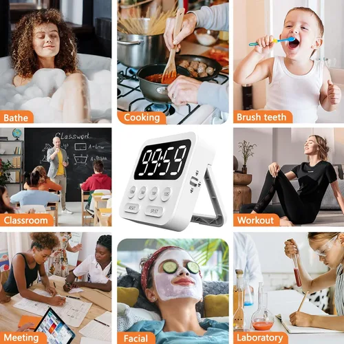 Vista 7 de Temporizador digital de cocina con cronómetro y función de cuenta regresiva, temporizador magnético para niños con pantalla LED grande y volumen