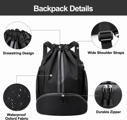 Vista 5 de Hoedia Mochila deportiva con cordón, bolsa de gimnasio con compartimento para zapatos y bolsillo a prueba de humedad para mujeres y hombres