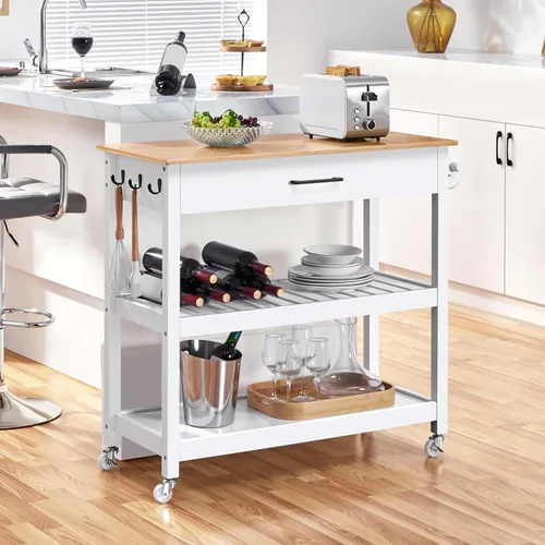 Vista 2 de Yaheetech Carrito de isla de cocina con ruedas con mesa de bambú, carrito de microondas de 3 niveles con cajón para isla de cocina, toalla
