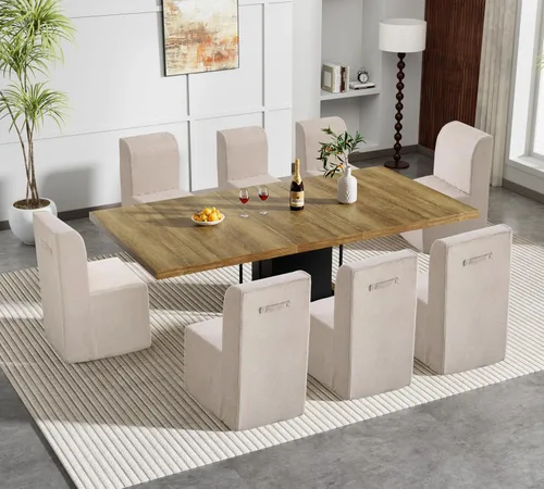 Vista 2 de Juego de mesa de comedor extensible marrón de 9 piezas para 8, 63 a 78.74 pulgadas, juego de mesa de cocina y comedor, mesa de comedor extensible