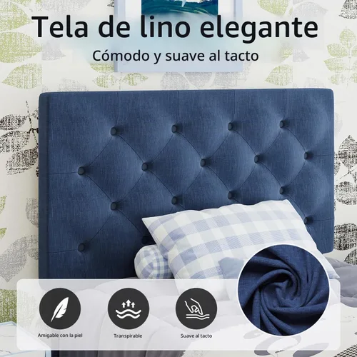 Vista 4 de BarnFurin Marcos de cama individual con cabecera capitoné con botones, cama de plataforma tapizada de lino con soporte de listones de madera, fácil