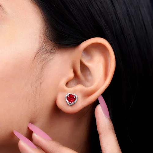 Vista 11 de 3.5 CT Lab Created Ruby and Moissanite Earrings, Created Ruby Stud Earrings with Moissanite Halo, Created Ruby Heart Stud Earrings, 14K Solid Gold
