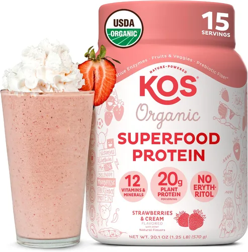 Vista 12 de KOS Proteína en polvo a base de plantas, muffin de arándano - Superalimento de proteína de guisantes orgánico con mezcla de espirulina y apoyo