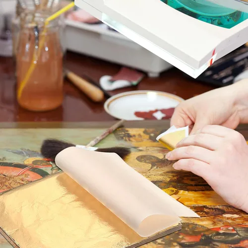Vista 5 de 100 hojas imitación láminas de oro para decoración, arte, manualidades, tamaño 5.5 x 5.5 pulgadas, de Bememo For Gilding Furniture, Frames
