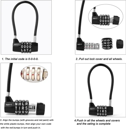 Vista 5 de Cerradura de combinación reiniciable de 4 palabras, cerradura de letra, candado de seguridad para el hogar con cable antirrobo de 0.197 in