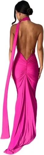 Vista 2 de Vestido largo sexy de un hombro descubierto para mujer, elegante, fruncido, sin mangas, con anillo en O, vestido de noche, vestido largo de cóctel