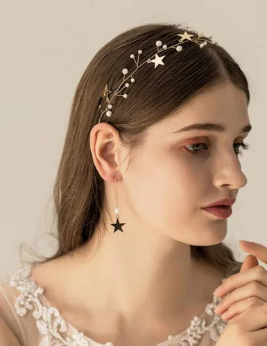 Vista 4 de Juego de aretes con diadema de perlas y lentejuelas, accesorios dorados para el cabello, borla y estrella, joyería para ella, regalo para mujeres