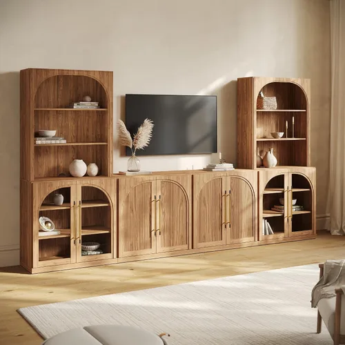 Vista 64 de BELLEZE Centro de entretenimiento modular de 4 piezas con almacenamiento, 2 vitrinas de madera moderna con gabinete arqueado y 2 armarios de puerta