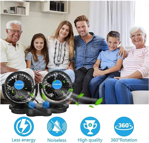 Vista 8 de Yerloa Ventilador de coche eléctrico de 12 V, ventilador portátil para automóvil, doble cabeza, rotación de 360 grados, ventilador de aire